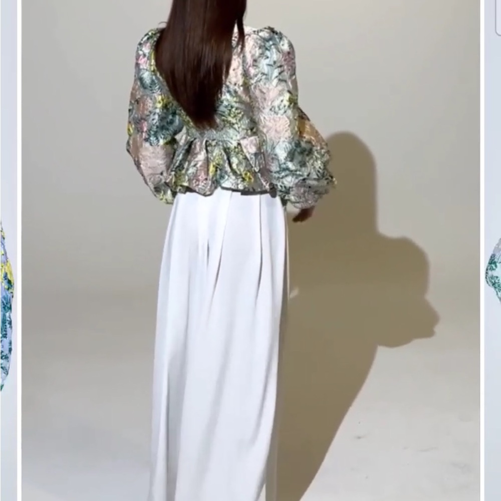 AKIRA Floral Tie-Front Puff Sleeve Blouse in Pale Pink, Green & Yellow - Picture 10 of 10